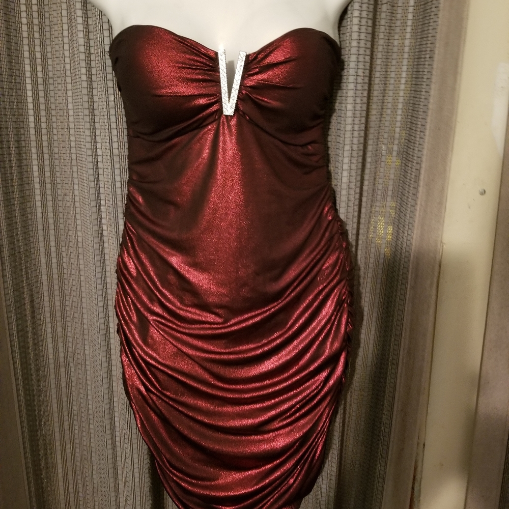 Must Have cranberry shimmering strapless dress. Medium with jeweled vee at front